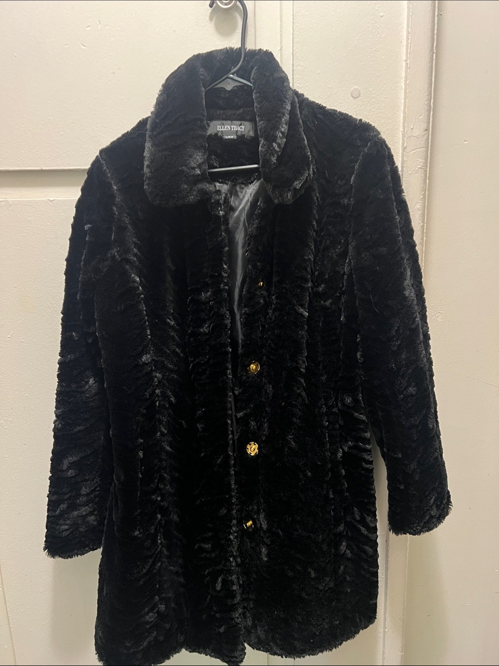 Ellen Tracy Black Faux Fur Teddy Coat with Gold Buttons (read full description)